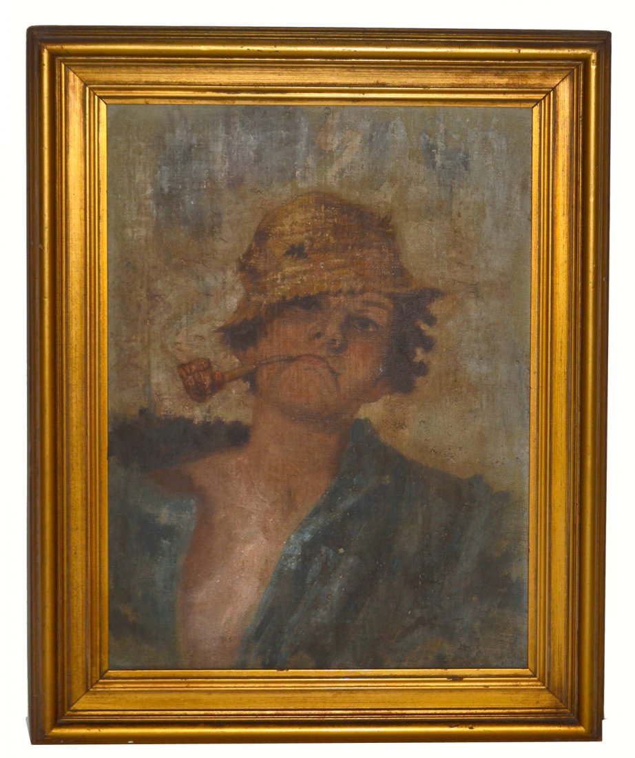 After Antonio Greppi Oil on Canvas - Portrait of a Boy: Bust-length full profile depiction of a young man wearing a tattered straw hat and smoking a corncob pipe. Unsigned. Soiling, water stains, and light buckling. [Art: 18 1/2" x 13 1/2"; Frame: 23 1/2" 