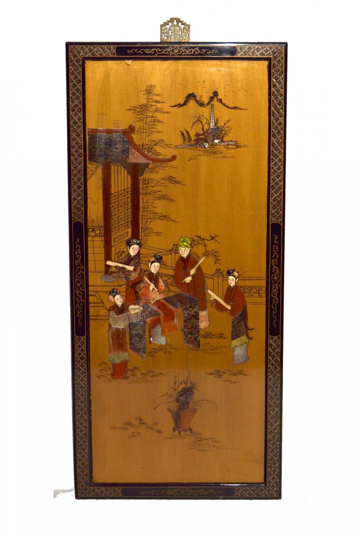 Vintage Chinese Hardstone Genre Scene: Depicts a noblewoman with attendants in a courtyard scene. Comprises various hardstone abalone, and bone elements. Image [37" x 15"]. Frame [40" x 18 1/8"]. Some craquelure, losses, and flaking.