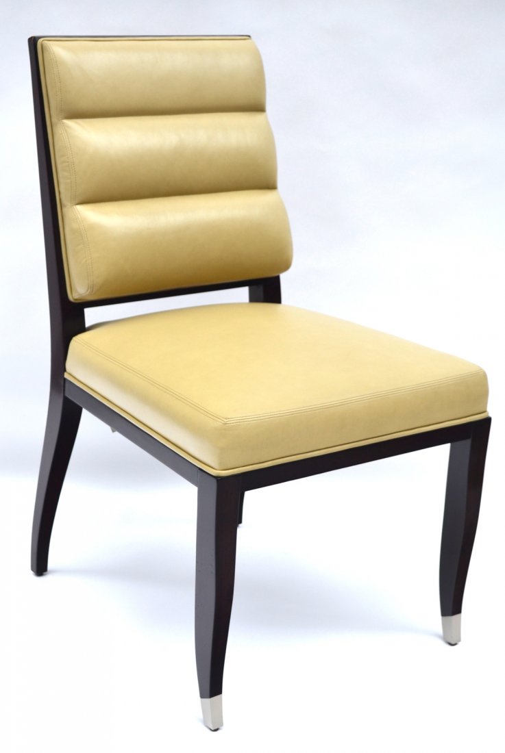 Lucien Rollin Leather Chair: Black/brown lacquered side chair by The Lucien Rollin Collection. [37 1/2" H (back) x 22 1/2" L x 19 1/2" H (to seat)]