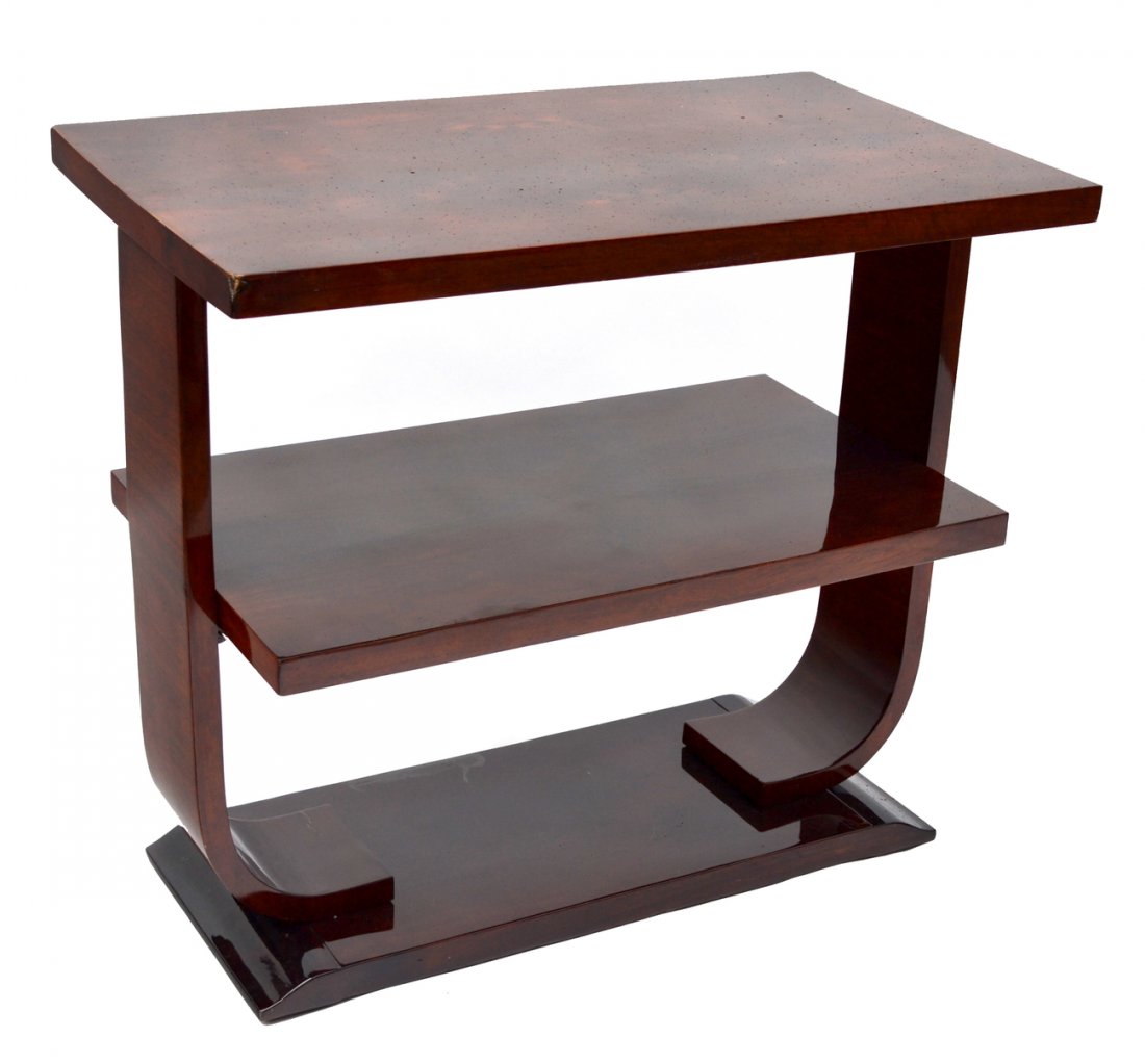 Deco Style Three Tier Table: Lacquered table, rosewood style. In good condition.