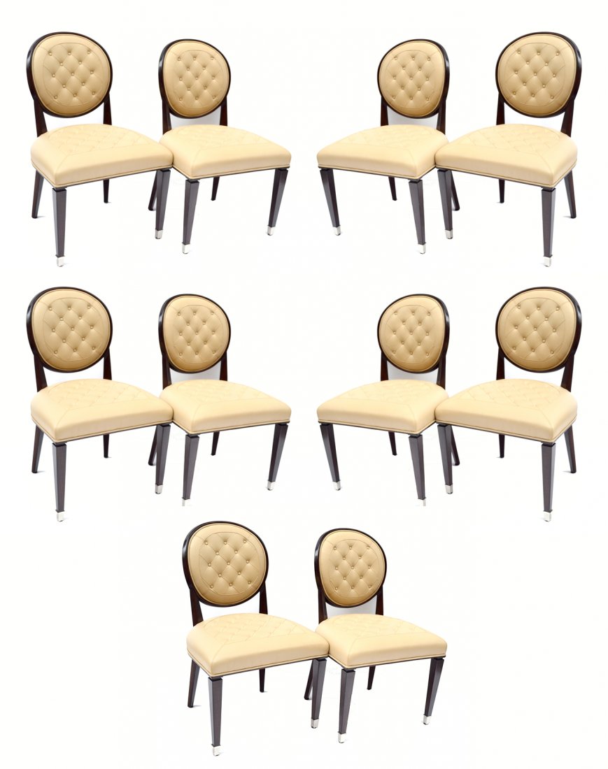 Ten Andre Arbus Reproduction Chairs: A set of ten brown/black lacquered side chairs by Andre Arbus Collection, Canada for William Switzer & Assocites. Creme tufted upholstery. In good condition.