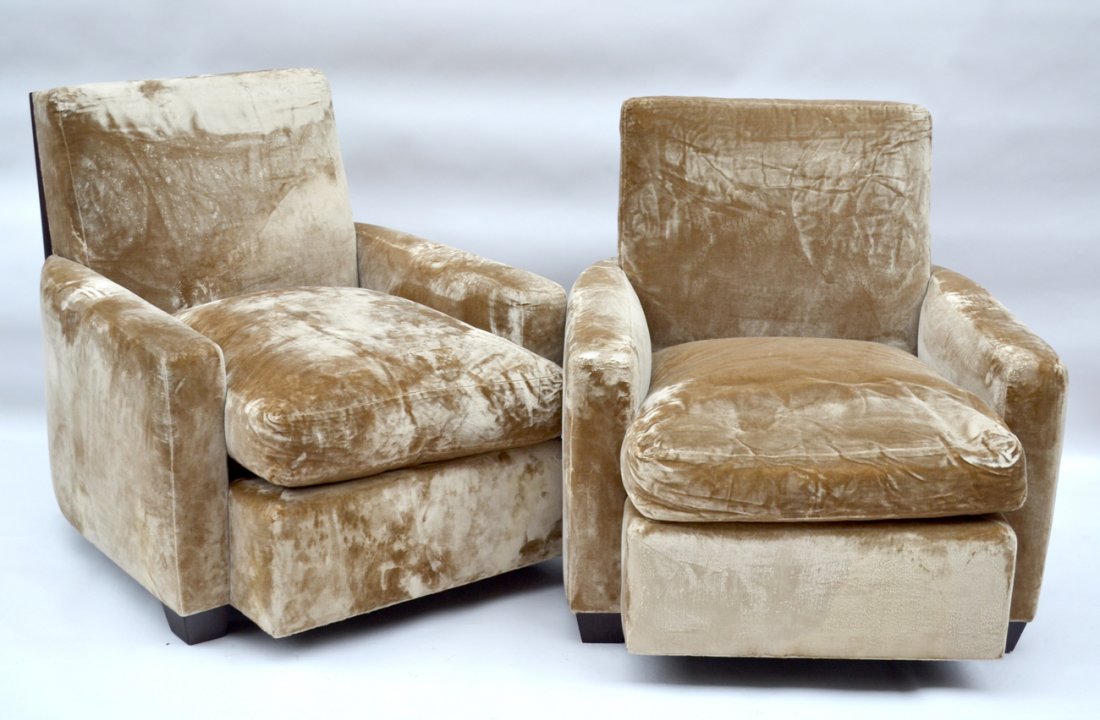 Pair of Club Chairs: Pair of modern club chairs, possibly the Andre Arbus Collection. Tan upholstery, slat form backs.