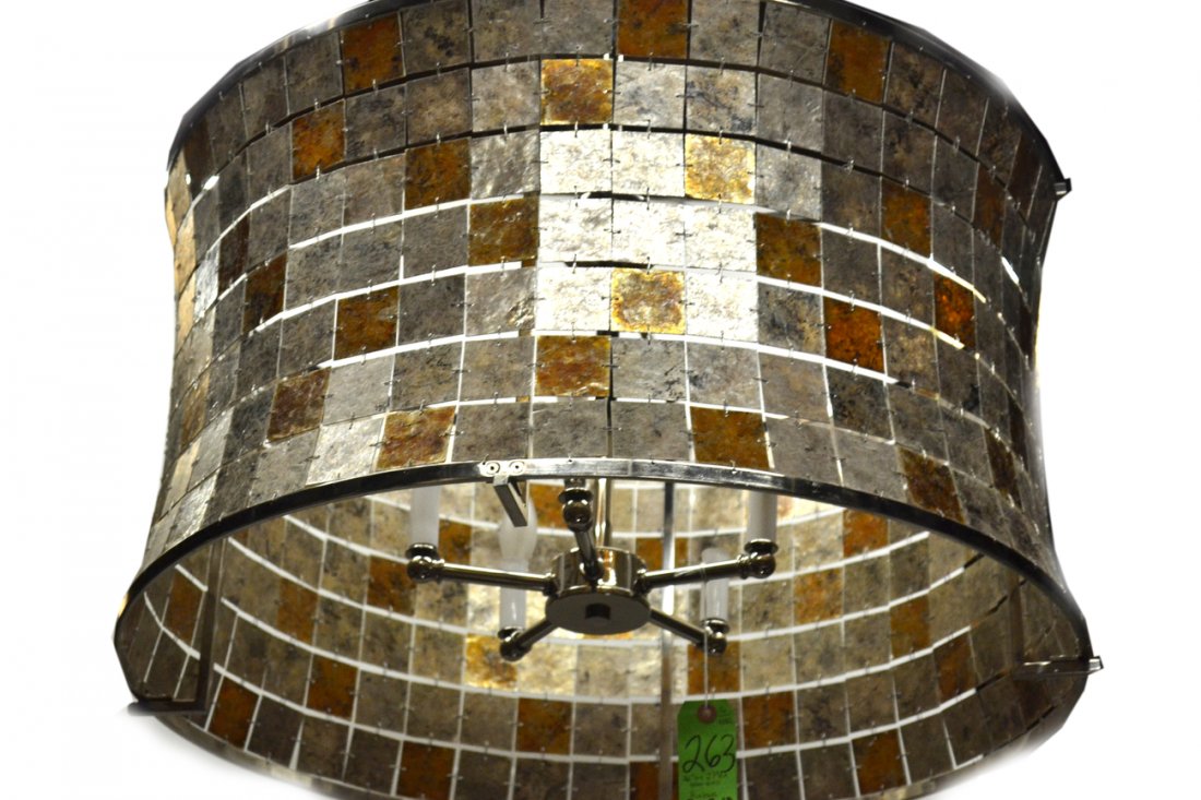 Stainless & Tile Fixture: Modern round, concave fixture, made up of interlocked amber and silver tone elements. Possible mica. In good condition. [27" Dia x 36" H]