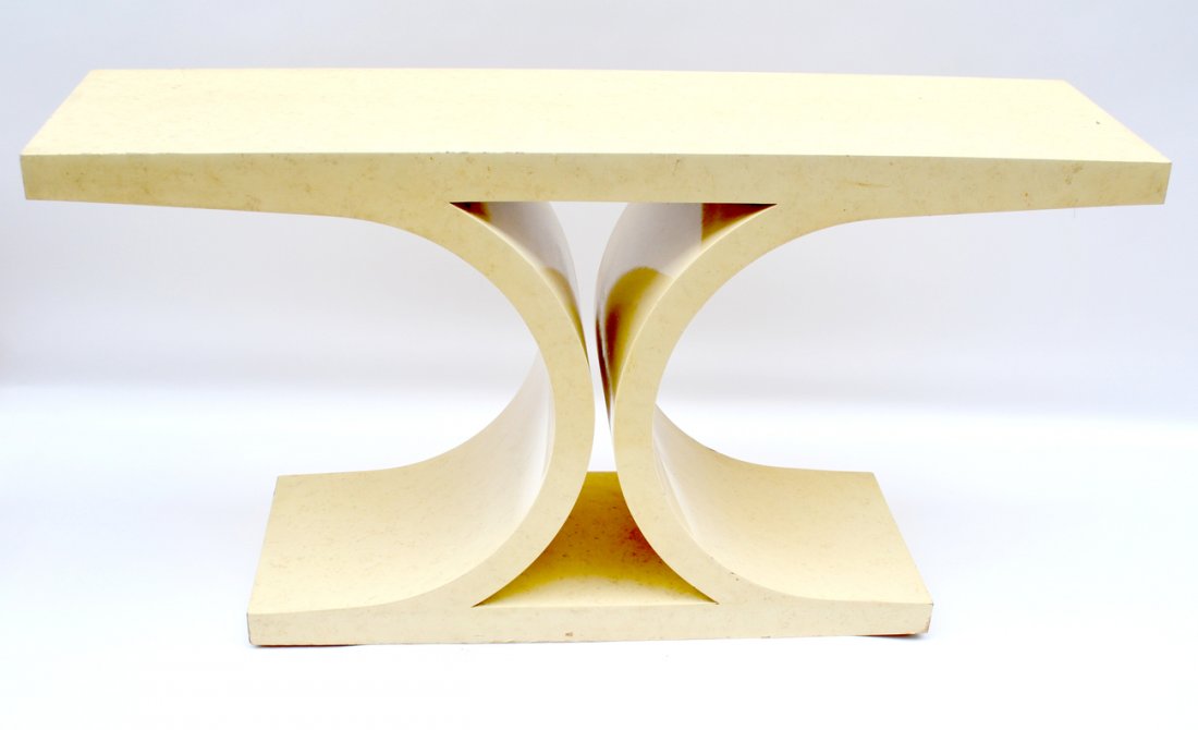 Karl Springer Console: Modern creme lacquered shaped console. [56" L x 15" D x 29" H]