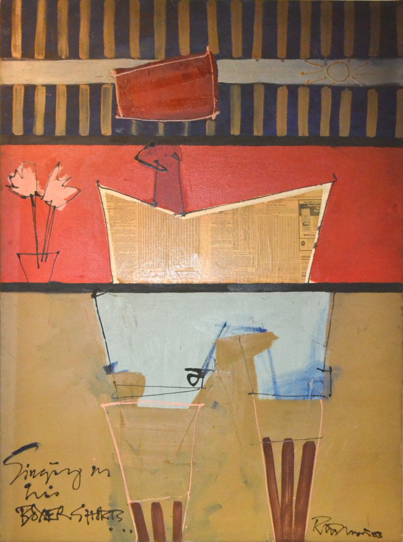 1983 Abstract Collage: Abstract composition depicting a figure holding an open newspaper. Inscribed at bottom left "Singing in his Boxer Shorts" and signed bottom right illegibly and dated "83". Some soiling with stains.