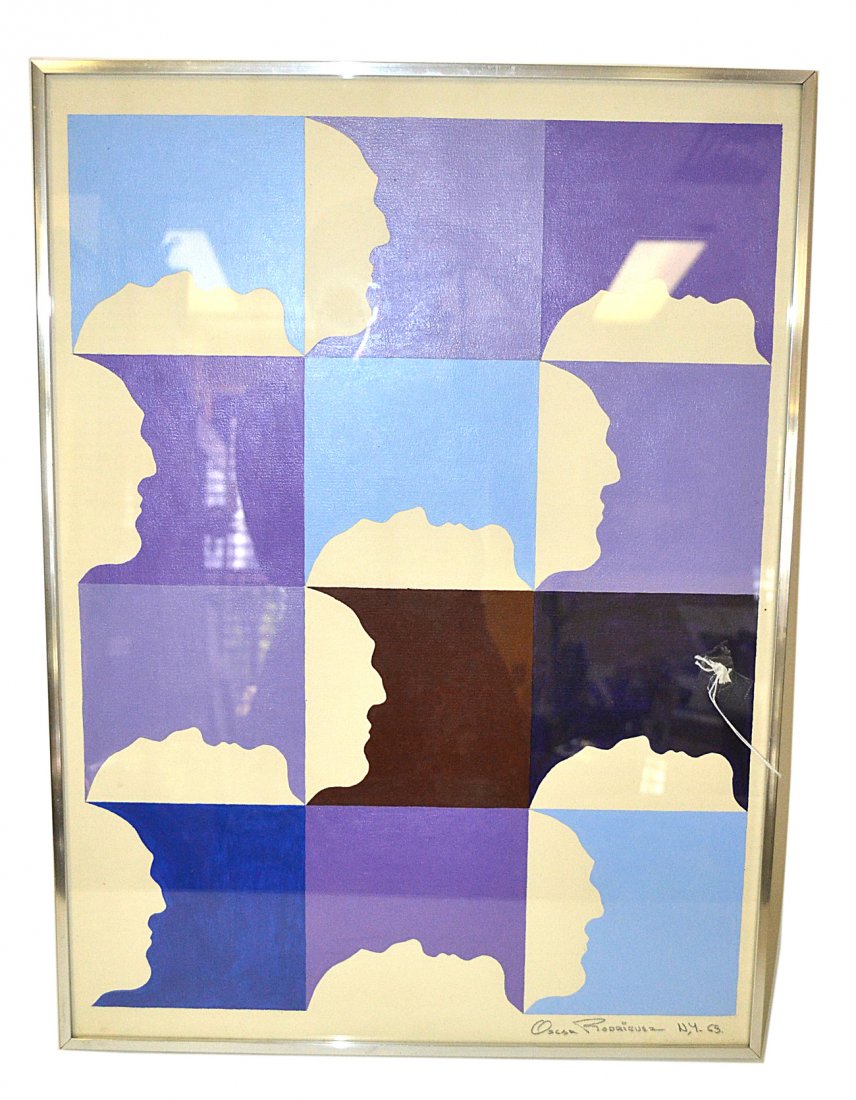 Oscar Rodriguez, Acrylic on Paper - Abstract: Abstract composition with 12 silhouettes arranged in a grid. Boldly signed in bottom margin "Oscar Rodriguez N.Y. 65" in pencil. Image [22" x 16 1/2"] on larger sheet. Frame [24 1/4" x 18"].