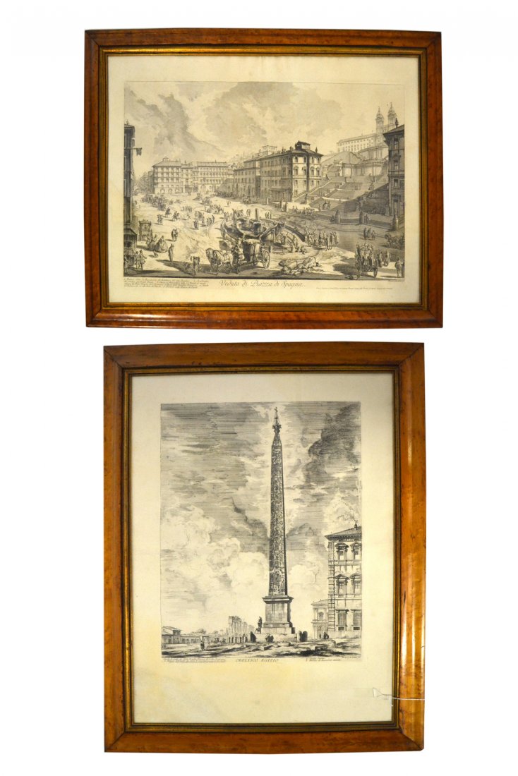 After Giovanni Battista Piranesi, Two Engravings: Architectural views. Comprises: 1). "Veduta di Piazza di Spagna". Plate [16" x 23 3/4"] on larger sheet. Frame [22 7/8" x 30"]. 2). "Obelisco Egizio". Plate [21 5/8" x 16"] on larger sheet. Frame [34 
