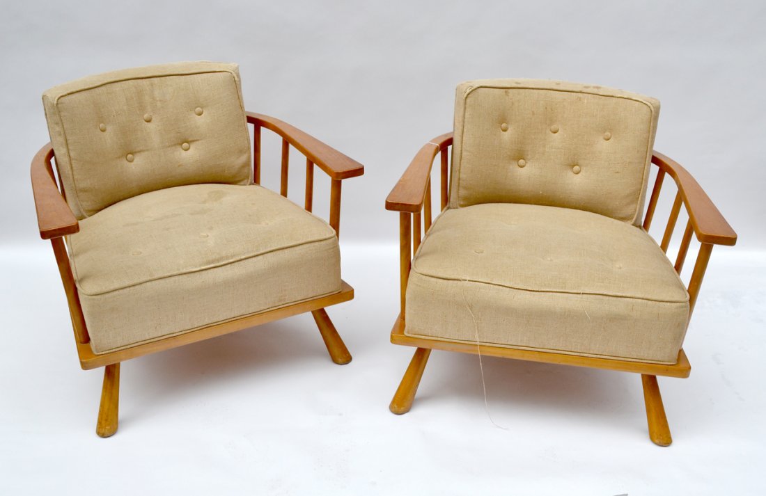 Pair of Chairs, T.H. Robsjohn Gibbings: Pair of modern barrel back chairs, vertical slats, beige upholstery. In good condition.