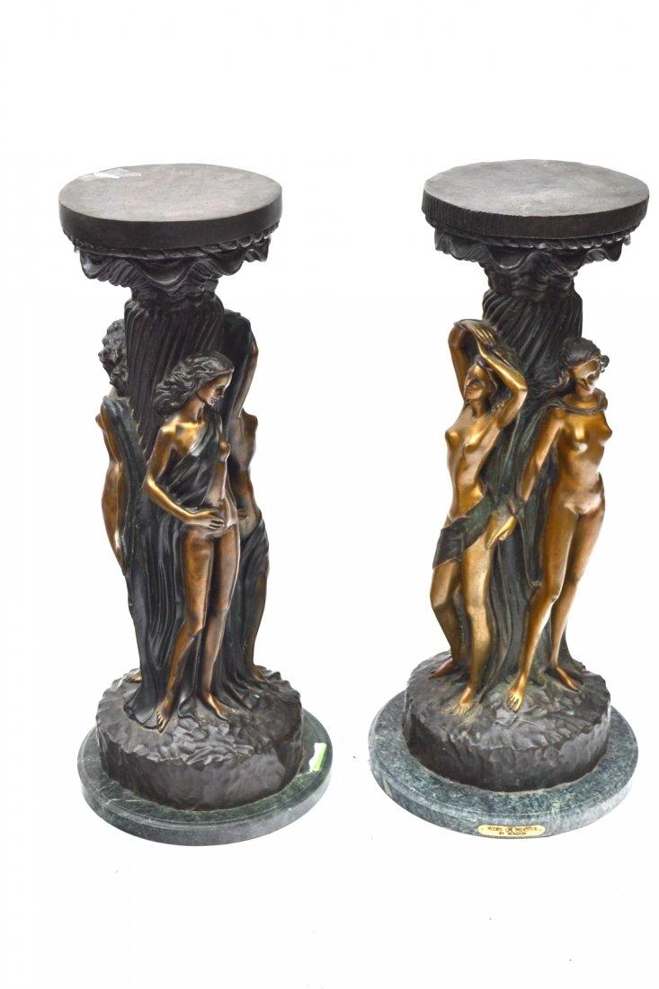 Pair of Figural Pedestals: A pair of reproduction "Three Grace" bronze pedestals. In good condition. [10 3/4" dia x 32 1/2" H].