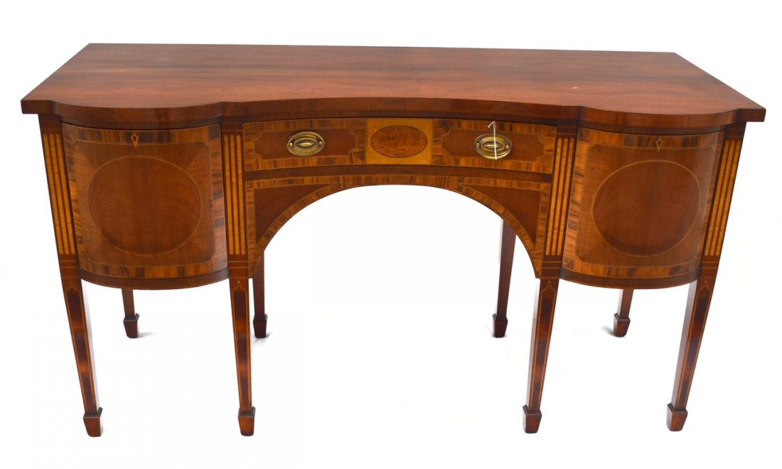 Smith & Watson, N.Y. Sideboard: Hepplewhite style inlaid sideboard by Smith & Watson, N.Y. with a center drawer two end drawers. 20th century, in good condition. [64" L x 26" D x 35 1/4" H].