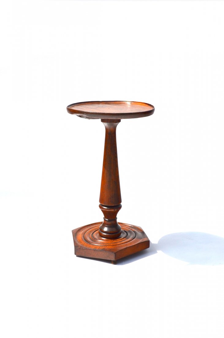 Antique Candlestand: Antique continental walnut tea table, round top, octagonal base. [13 1/2" Dia (top) x 14" Dia base x 24 1/2" H]