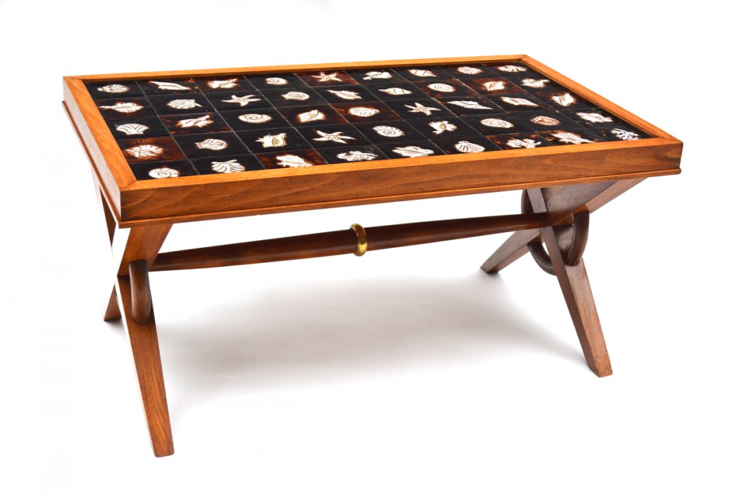 Henry Jacques Le Même - Ceramic Shell Coffee Table: Modern Henry Jacques Le Même cocktail table, c. 1950 individual tiles of various shells, sealife by Lememe. One shell cracked, overall good condition. [18 1/2" H x 37" W x 21 1/4" D]