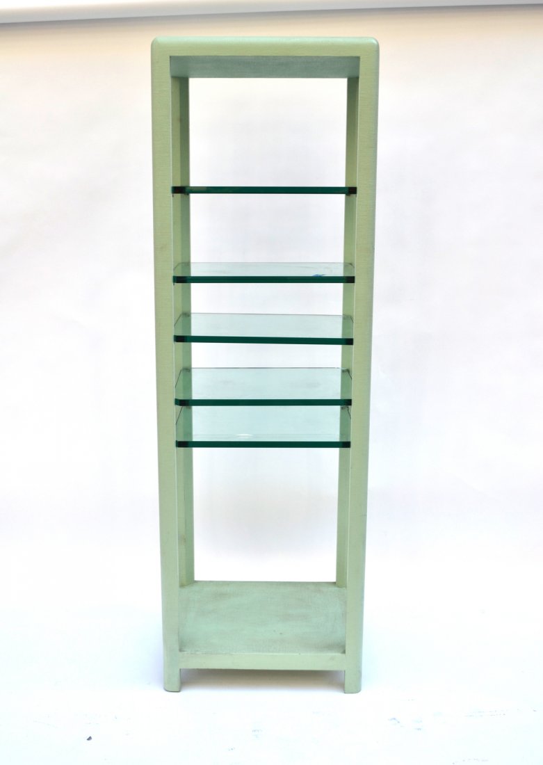 Painted Linen Etagere: Karl Springer style painted linen six-tier etagere with five glass shelves. [19" x 23 1/2" x 72" H]