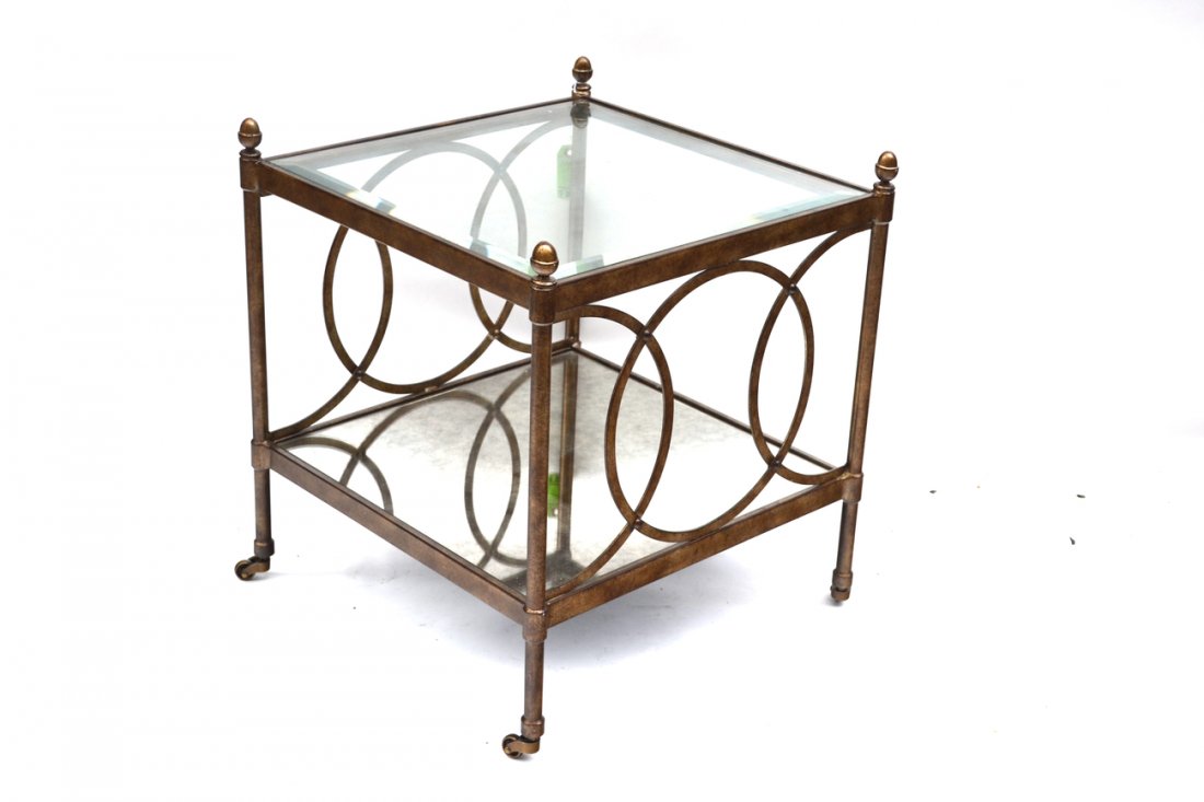 Two-Tier Metal Table: Faux decorated, one tier having a mirrored inset top, the other tier having a beveled glass top. In good condition. [20 1/2" x 20 1/2" x 22 1/2" H]