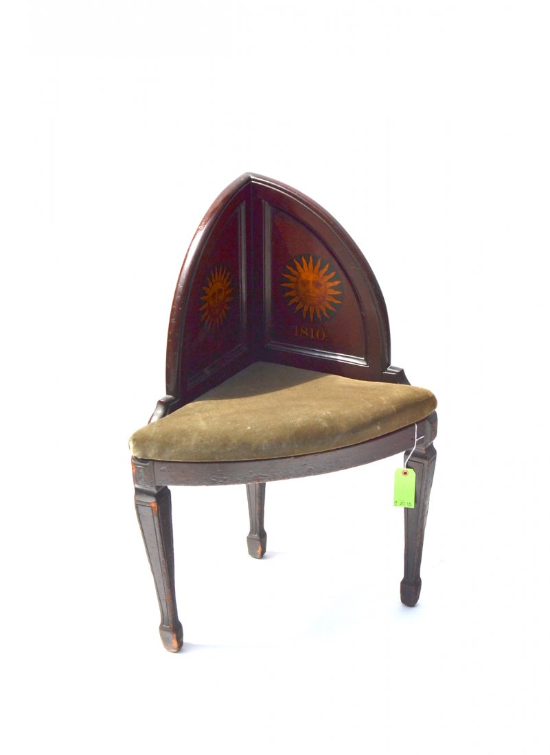 Continental Corner Chair: Antique continental corner chair, inlaid sun design with "1810." 18th - 19th century (circa).