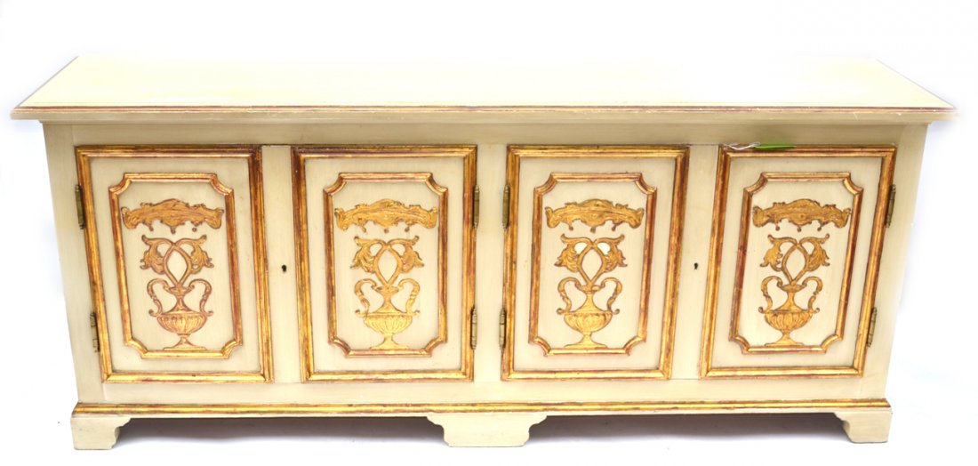 Decorated Credenza: Painted and decorated four door credenza. [72" L x 17 1/4" D x 30 1/2" H]