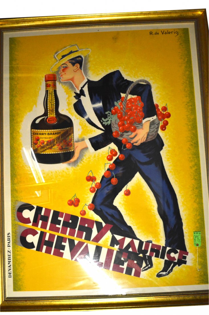 Roger de Valerio, Poster- "Cherry Chevalier": A framed color lithograph depicting a man with roses and a bottle by Roger de Valerio, 1934. [Overall: 62"H x 46"W]. Overall good condition.