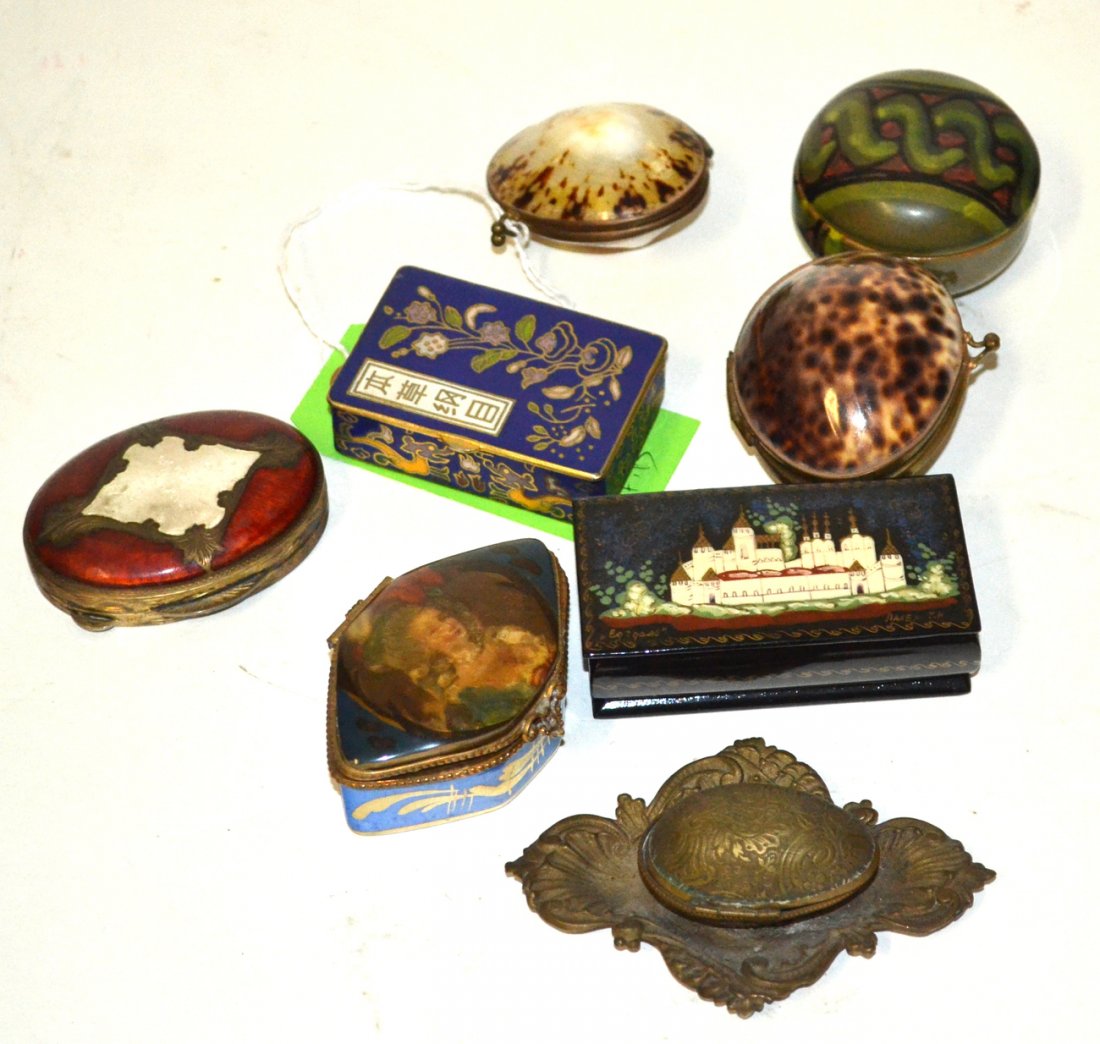 Group of Eight Small Boxes: Included Russian lacquer, Chinese Cloissonne, porcelain, shell, etc.