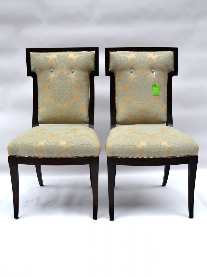 Pair of Andre Arbus Side Chairs: Pair of reproduction, green floral upholstered, modern side chairs.