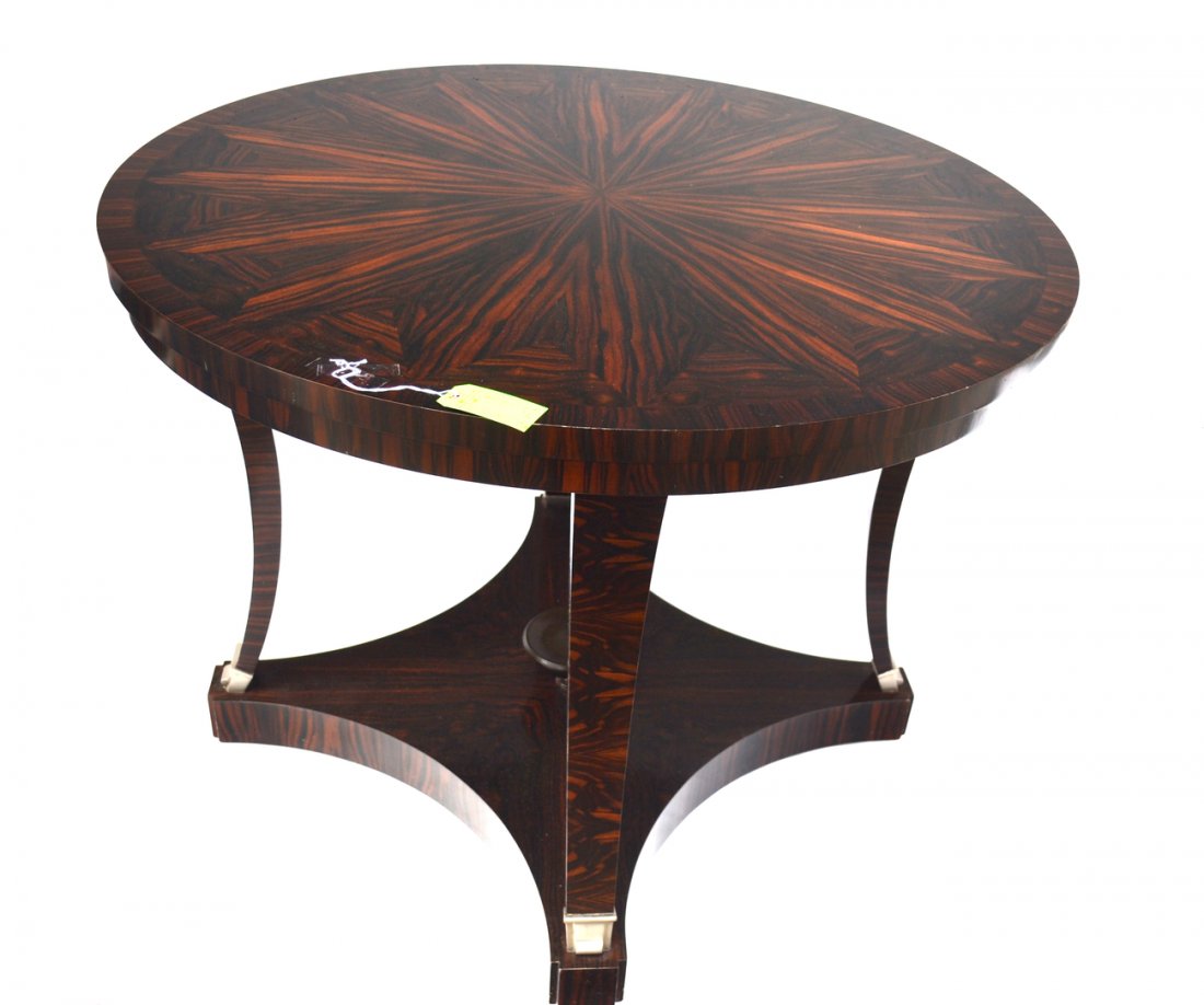Andre Arbus Center Table: Round amboyna style, reproduction modern center table, nickel patina trim on legs.