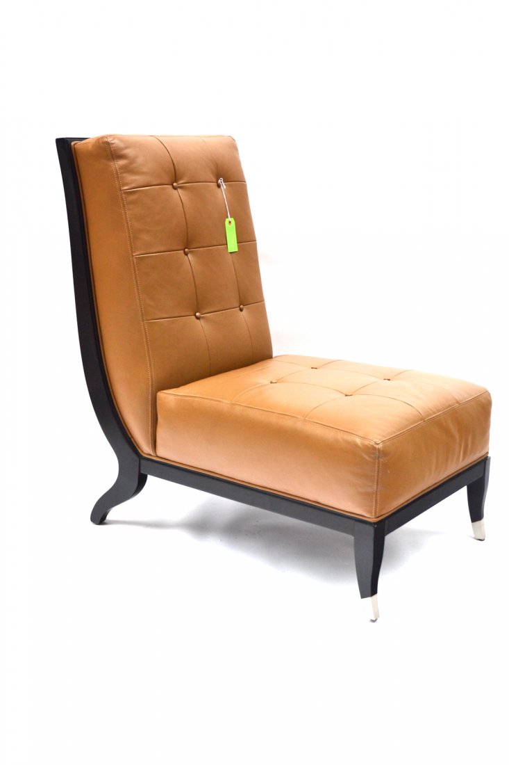 Lucien Rollin - Side Chair: Modern brown upholstered lolling chair. Black lacquer frame by Lucien Rollin.