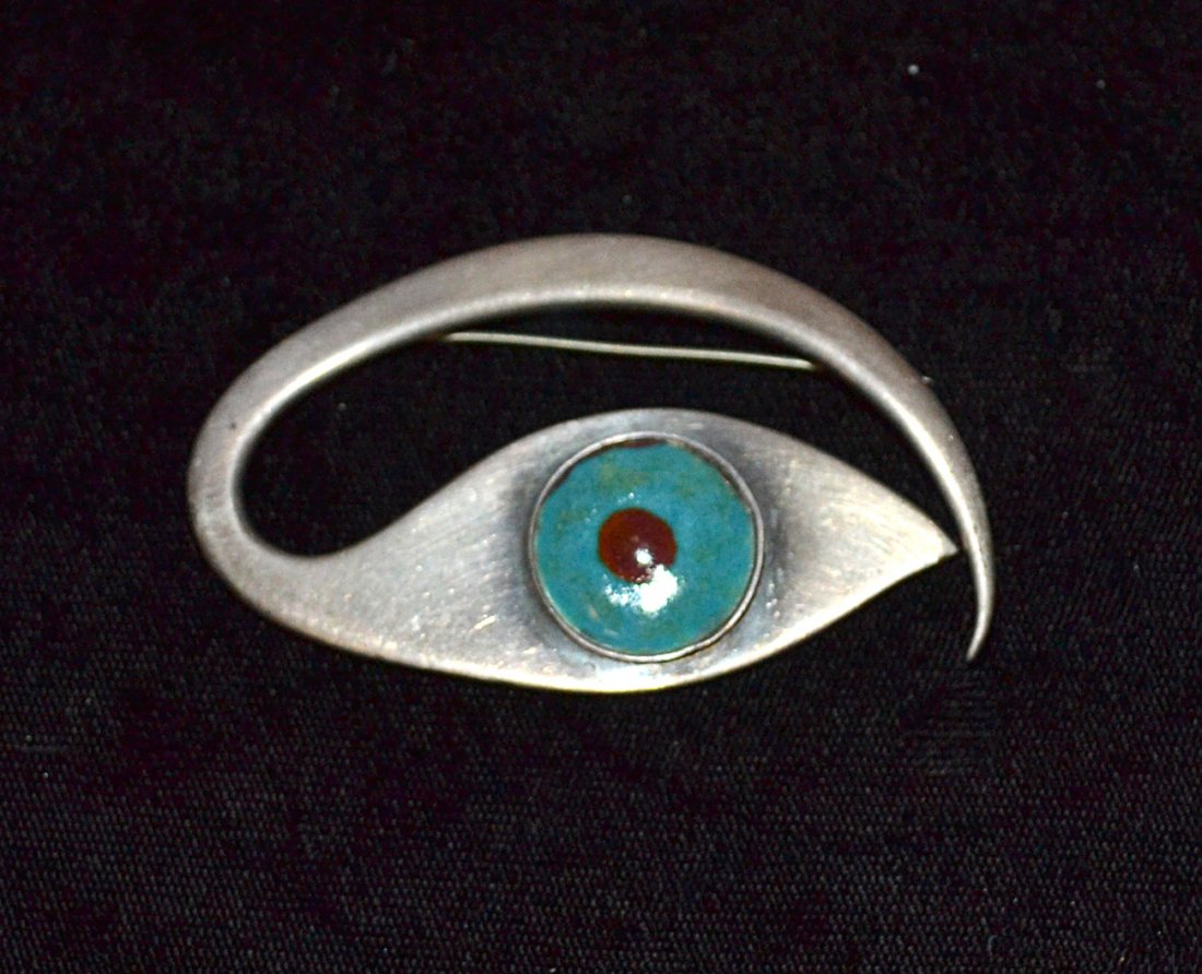 J.B. Hamlin Brooch: Mid-century eye with brown brooch. Sterling silver, enamel. Signed J.B. Hamlin.