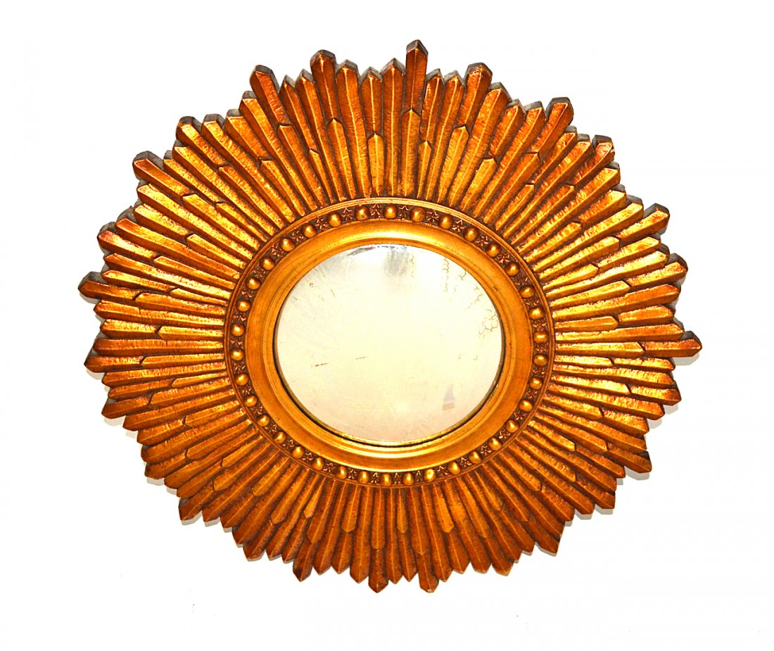 Sunburst Form Mirror: Gilt convex mirror. In good condition. [19" Dia].