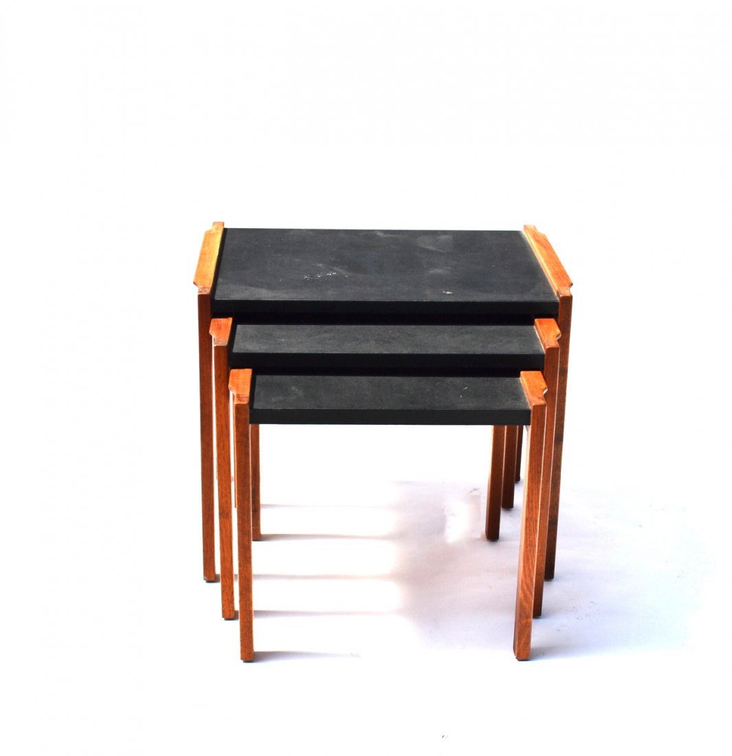 Jens Risom Nest of 3 Tables: Modern nest of three oak and black tables. [17 1/2" x 25 1/4" x 21 3/4" H].