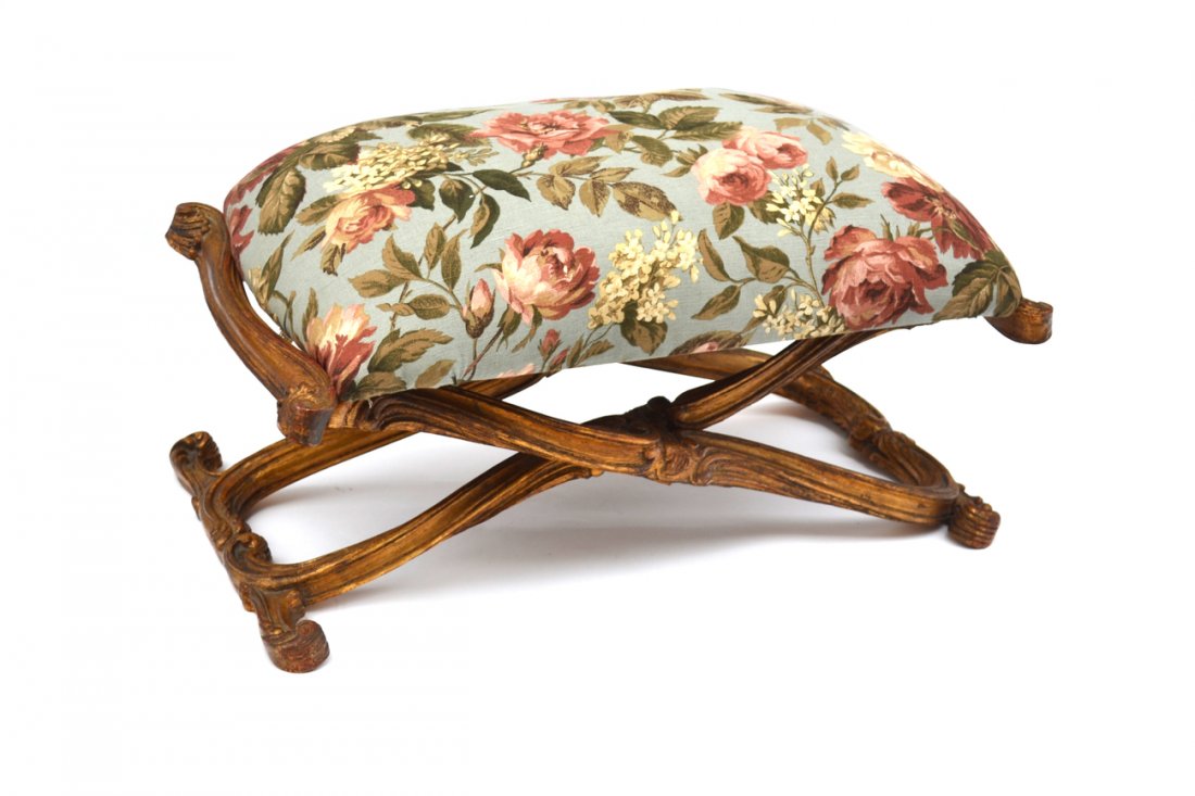 Classical Gilt Window Bench: Giltwood carved base, floral upholstered seat. [35" L x 19" D x 17" H].