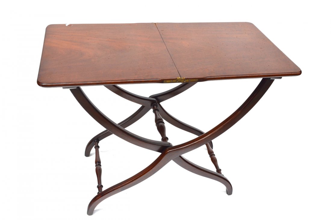 Mahogany Butlers Table: Antique folding table, with an x-form base. [36" x 19" x 27 3/4" H].
