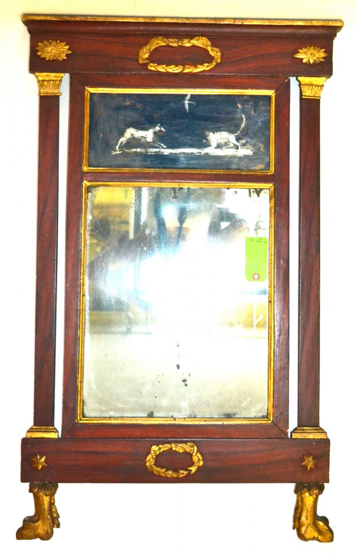 19th Century Empire Pier Mirror: Antique mahogany pier mirror, gilt appliques, eglomise crest with paw feet. [23 1/2" x 38"].