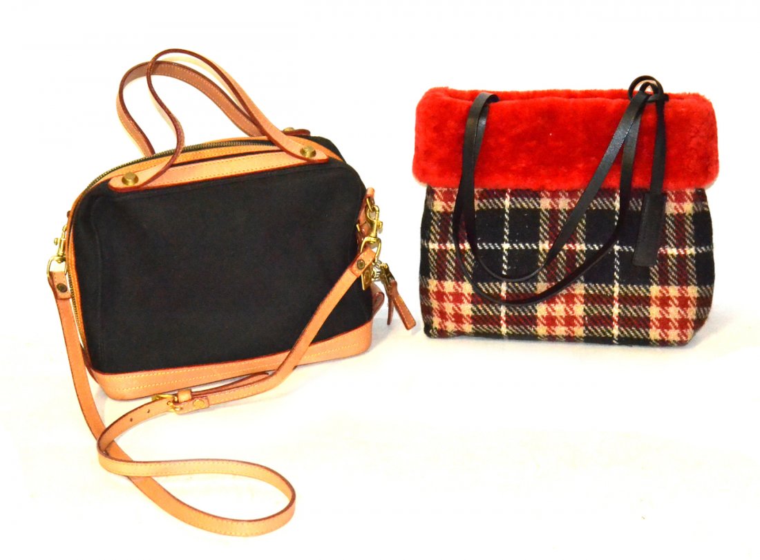 Two Pocketbooks: 1). Burberry, never used. Red shearling, wool titan and leather. 2). Dooney and Burke leather and canvas