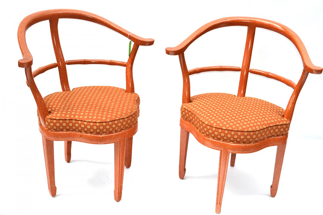 Pair of Decorated Corner Chairs: Orange, yellow, and black painted corner chairs. [21" (inside arms) x 34" H (backs) x 19" H (to seat)].