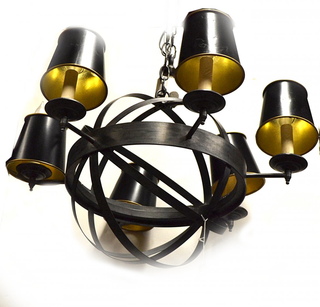 Armillary Style Fixture: Black iron open work, six light fixture with 6 black shades. In good condition. [25 1/2" Dia x 16" H].