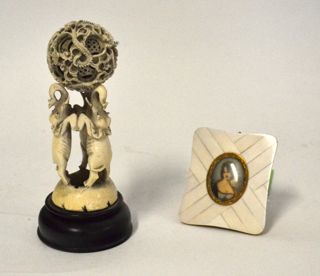 Two Ivory Articles- Wizard Ball and Miniature: Comprises: 1.) Wizard ball with dragon decor [as is]. Comprising 7 concentric spheres. Accompanied by an ivory figural elephant base. [Ball 2 1/8" Dia.; Base: 3 7/8"H]. 2.) Vintage miniature portrait