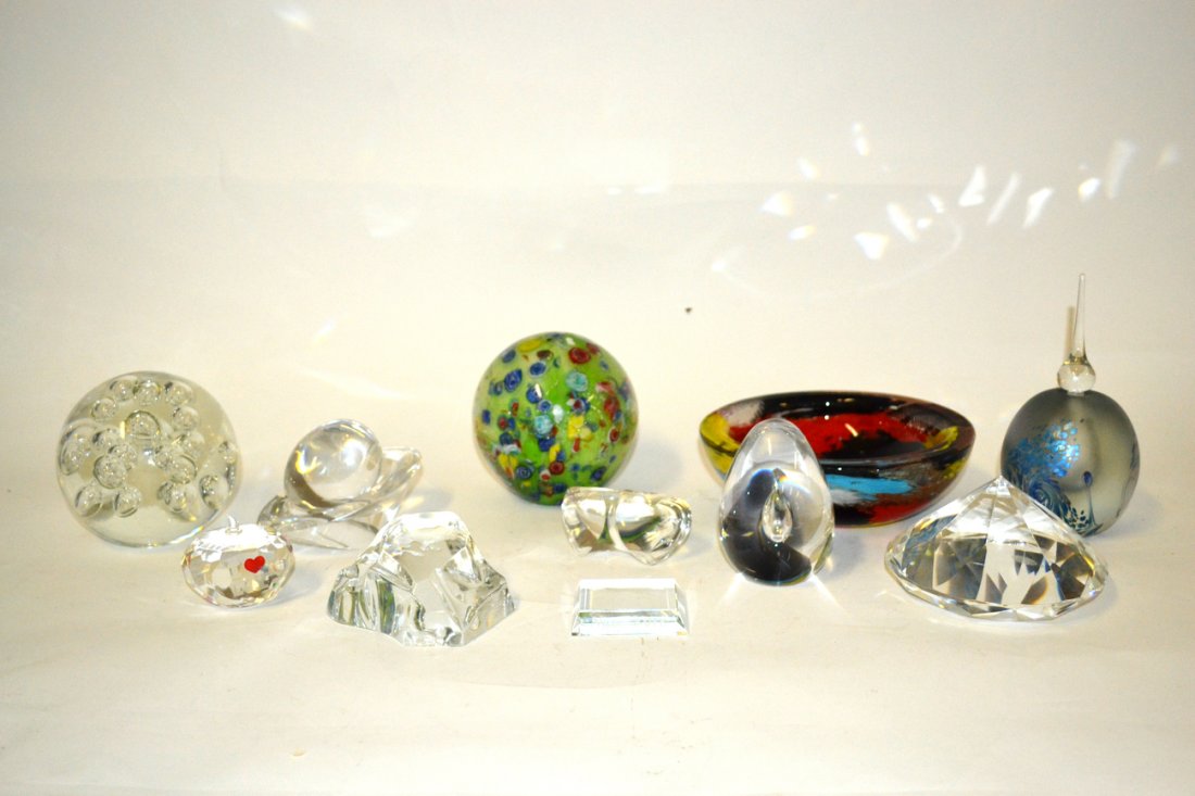 11 Piece Paperweight and Glass Lot: Val St. Lambert, Baccarat, and others. Some illegibly signed.