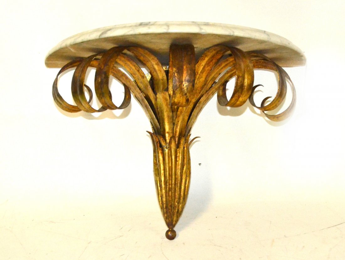 Italian Gilt Tole and Marble Wall Bracket: Mid-century palm frond bracket with seven scrolling leaf elements and demi-lune white marble top. [18"W x 9"D x 12 1/4"H].