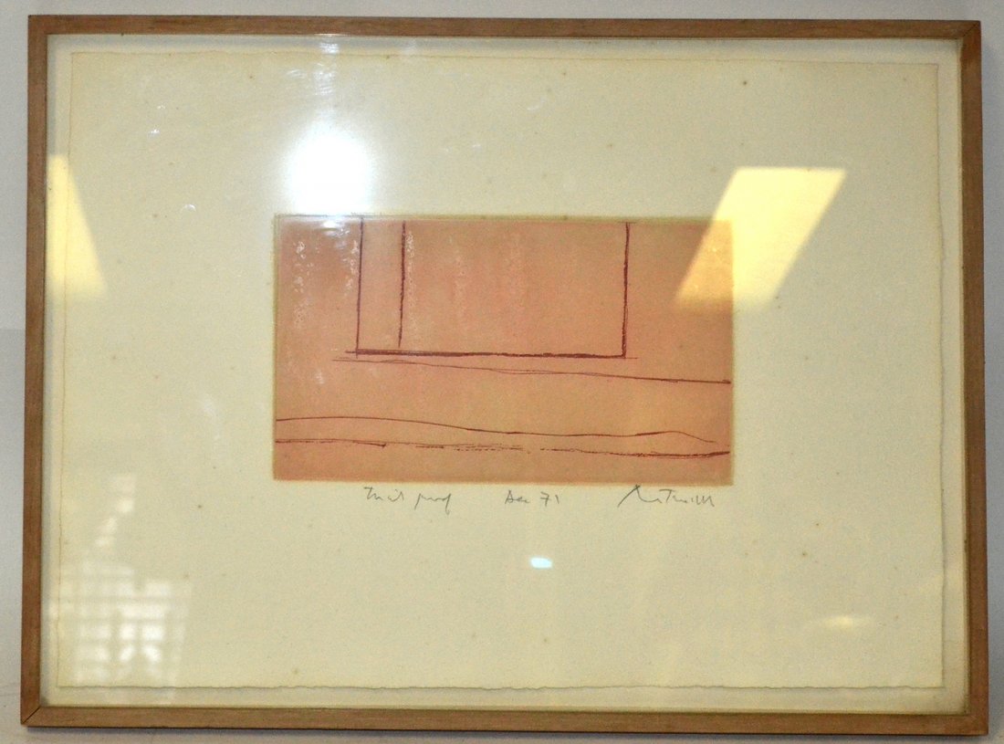 Robert Motherwell, Etching- "Dec. 71": Abstract line composition. Signed in wide bottom margin "Artist's proof Dec. 71 Motherwell". [Image: 5 1/4" x 9 1/8"; On sheet: 12 1/2" x 17 1/2"; Frame: 14 1/38" x 19 1/8"]. Light foxing, illegible b