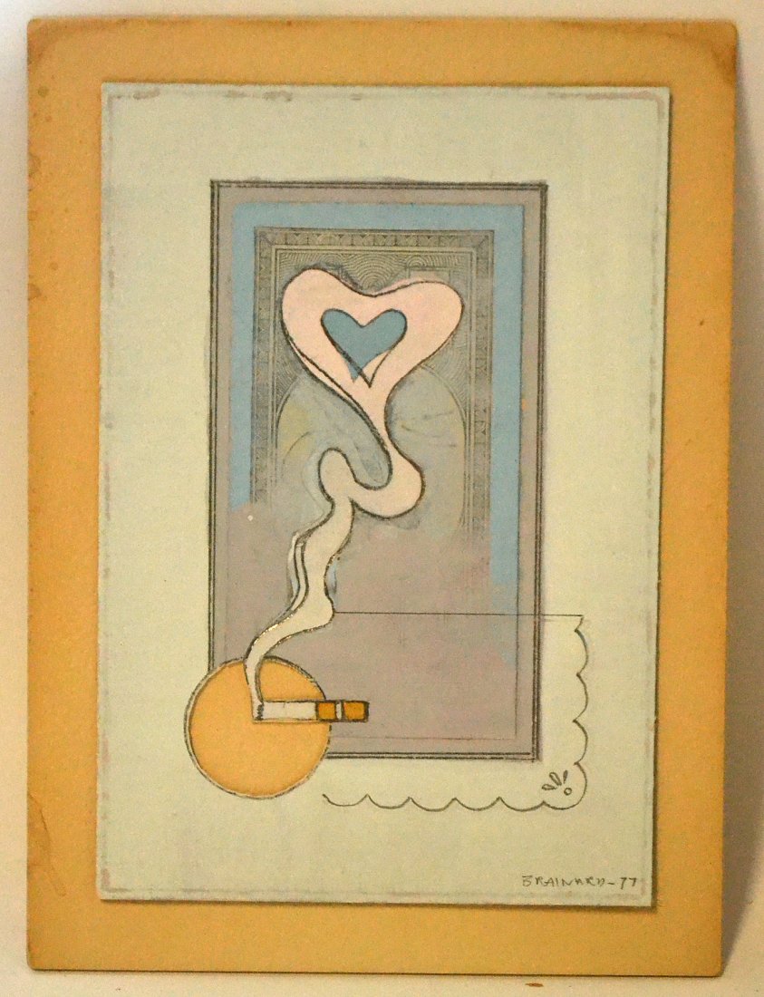 Joe Brainard, Mixed Media- Cigarette and Heart: Composition with pencil and gouache on printed card stock with cut out at bottom left. Signed at bottom right "Brainard-77". [Image: 6" x 4"; On mount: 7" x 5"].