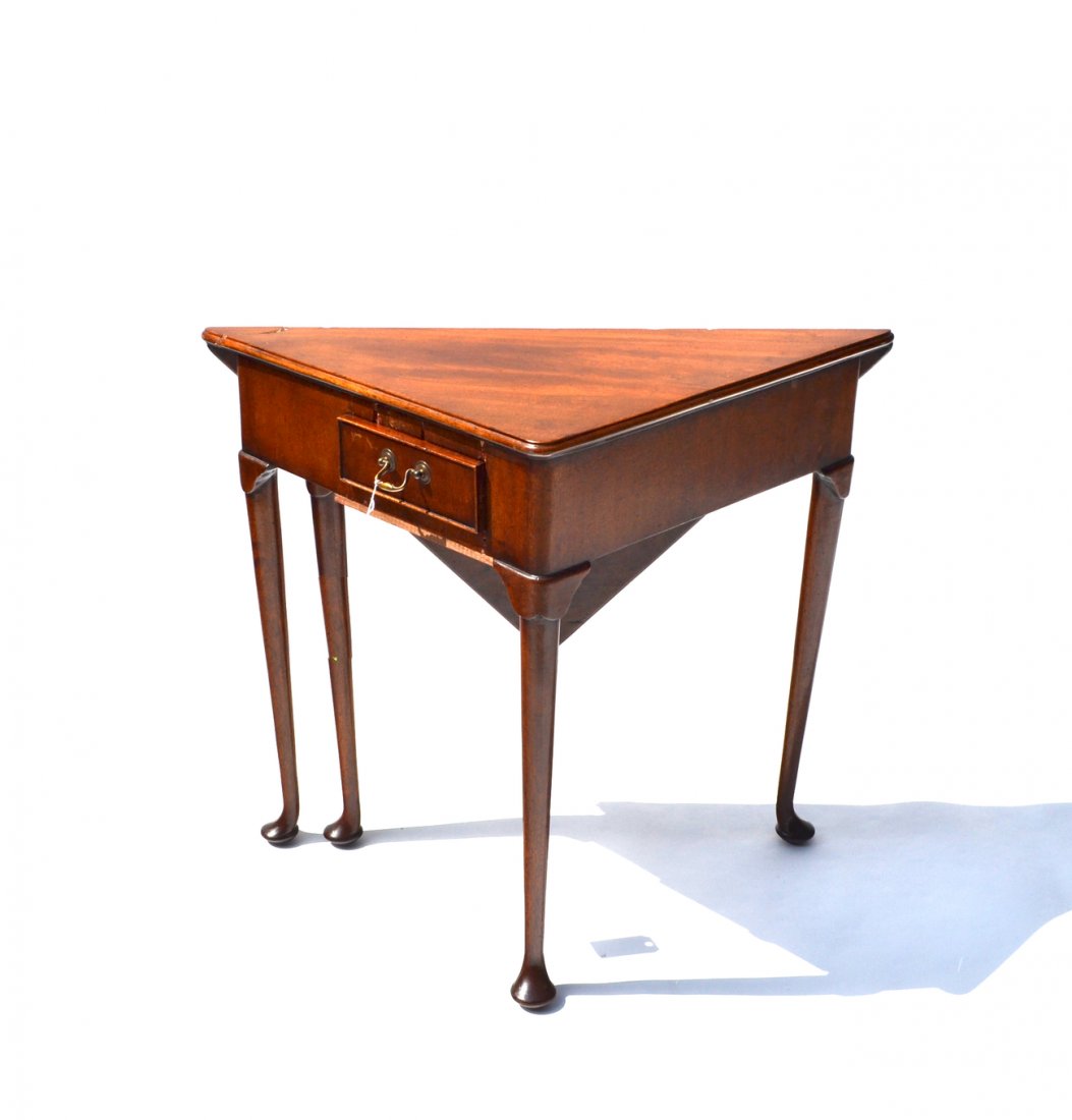 Queen Anne Style Envelope Table: Antique mahogany one drawer table with a drop side and swing out leg. [24"W x 24"D x 29"H]. Restored, overall good condition.