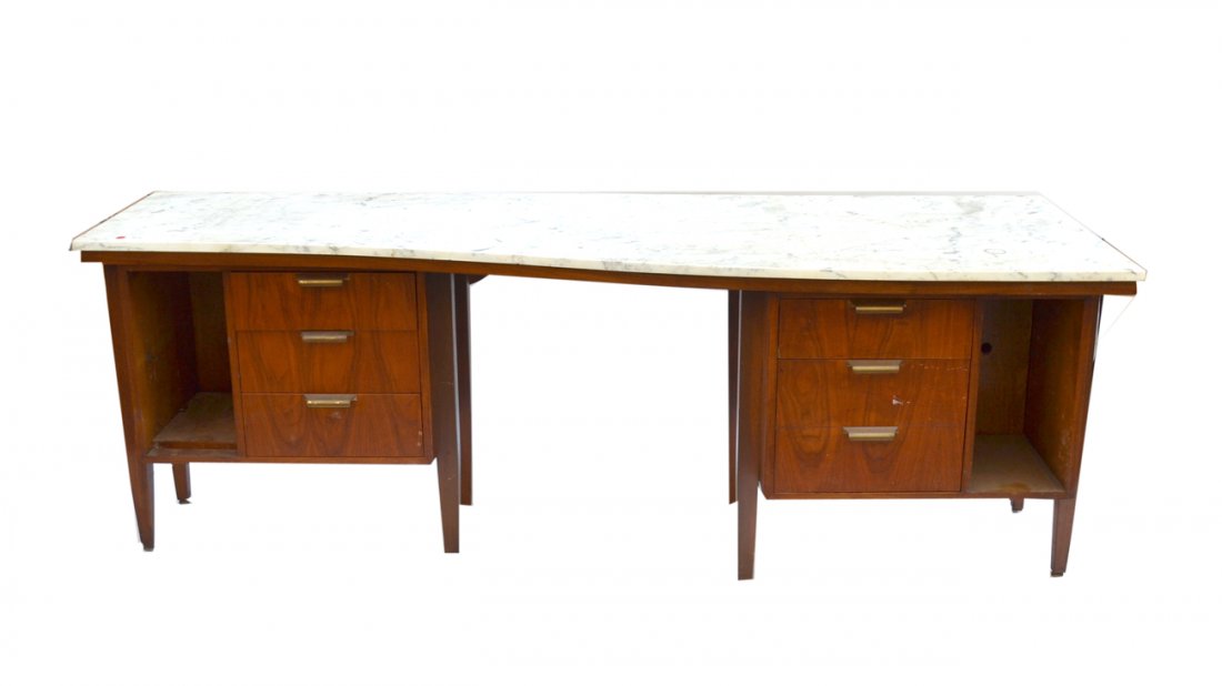 Deco Style Desk: Large executive desk with fitted drawers and a tapered white marble top. [85 1/2"W x 21-28"D x 30 1/2"H].