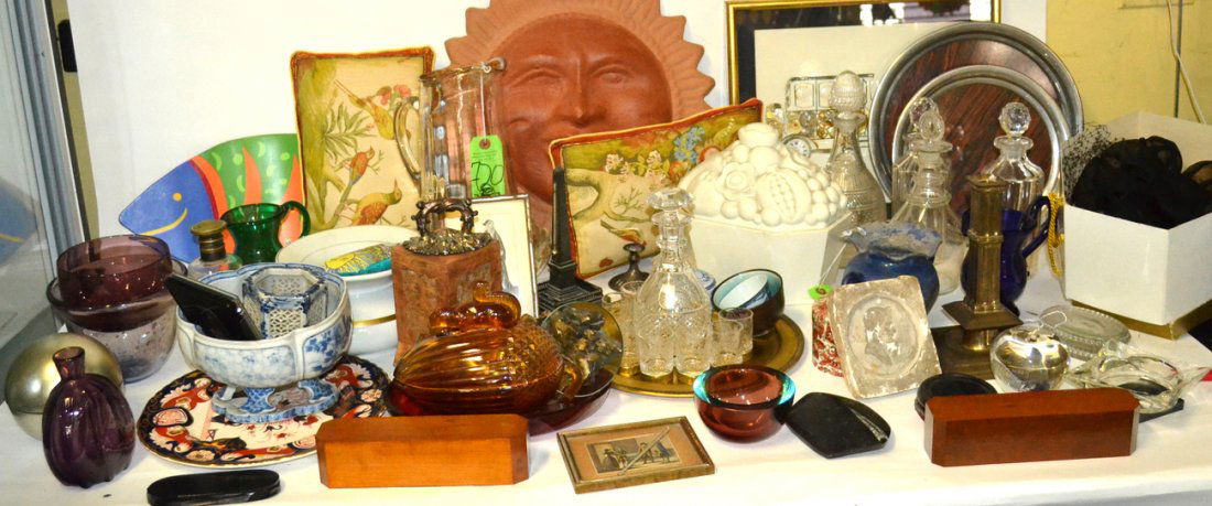 Assorted International Decorative Articles: Comprises: glass decanters, pitchers, vases, boxes, paperweight, candlestick, oblesque thermometer, and several others. Includes antique,vintage, and modern objects. 30+ items.