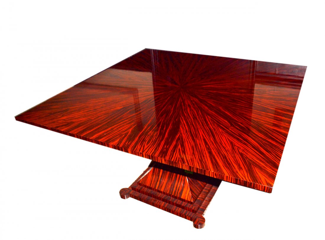 Macassar Dining Table: Modern single pedestal dining room table. Overall good condition.