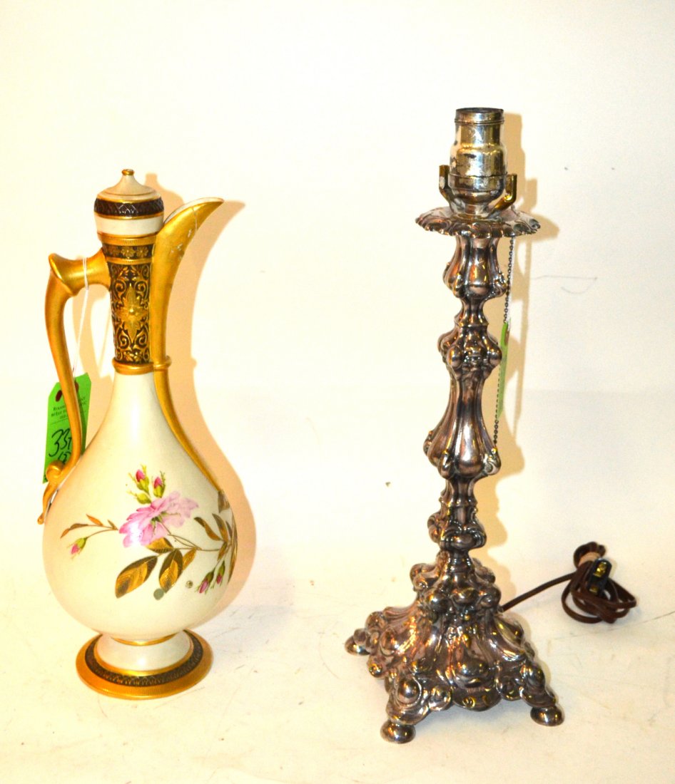 Silver Plate Floor Lamp and Floral Lamp: Royal Worcester lamp, as is. Together with a silver plated lamp [15 1/2"-17 1/2"H].