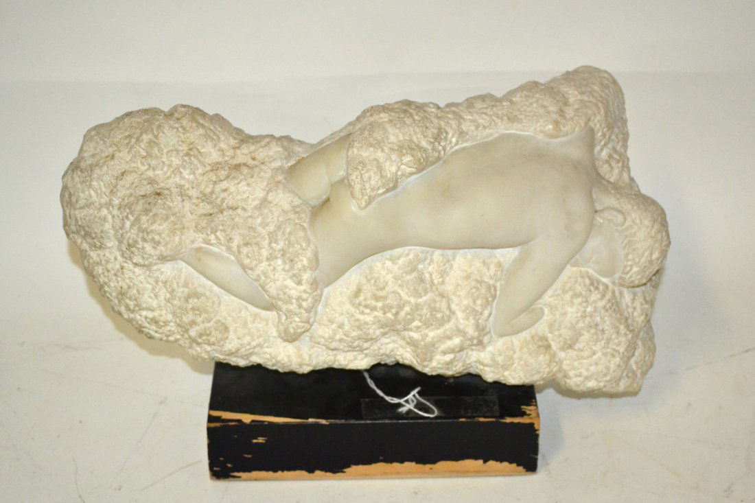 Nude Sculpture: Composition sculpture of a sleeping nude male, signed "Peggy mach". [8"x15"].