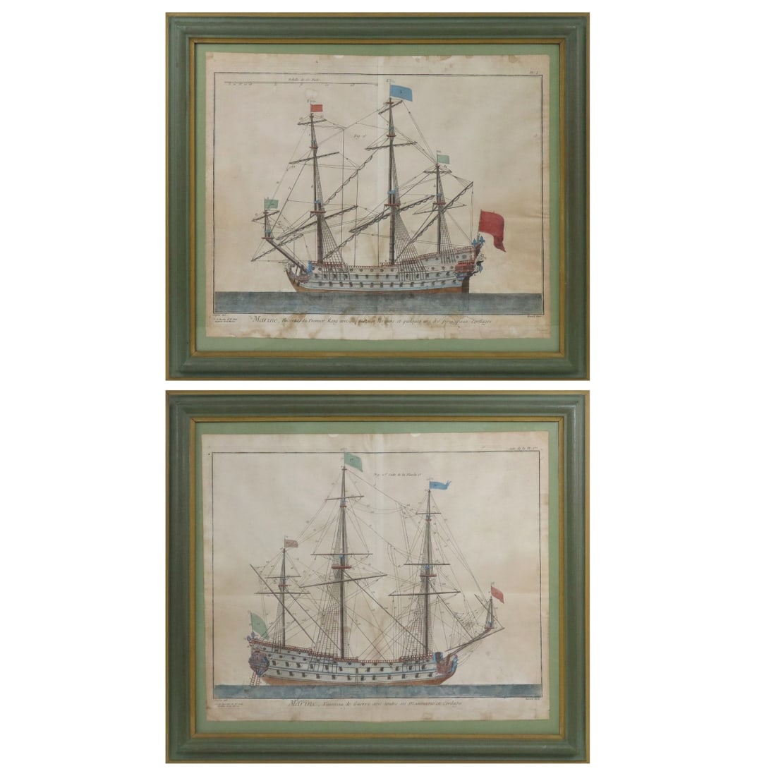 Pair of Antique Hand Colored Ship Prints: Pair of antique hand colored ship prints, "Marine, vaisseau e Guerre..." after Gousier. A ship study from left and right, French 19th century. [Sight 15" H x 18" W; frame 20" H x 23" W].Faded,