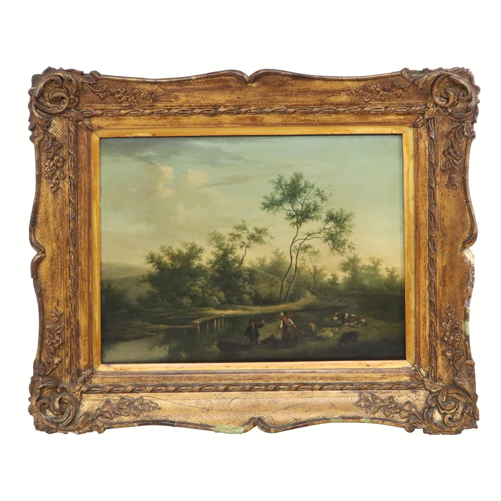 Unsigned Oil on Panel - Landscape: Unsigned oil on panel, pastoral landscape with figures and animals by brook in landscape. English, late 19th century. [Sight: 12" H x 15" W; Frame: 18" H x 23" W]. Good condition, chips to frame.