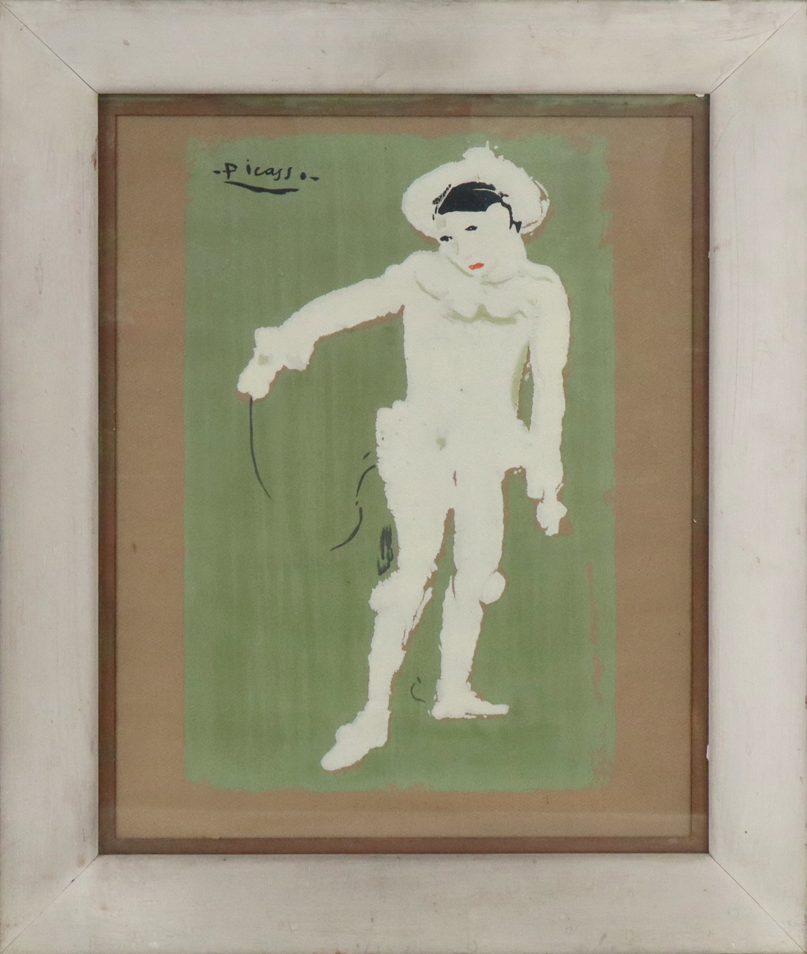 After Picasso Lithograph Print Clown: After Picasso, lithograph print of "Le Petit Pierrot", Picasso's son dressed as a white clown, French, circa 1960s. [Sight 22" H x 16" W; Frame 29" H x 23" W]. Good condition, fading.