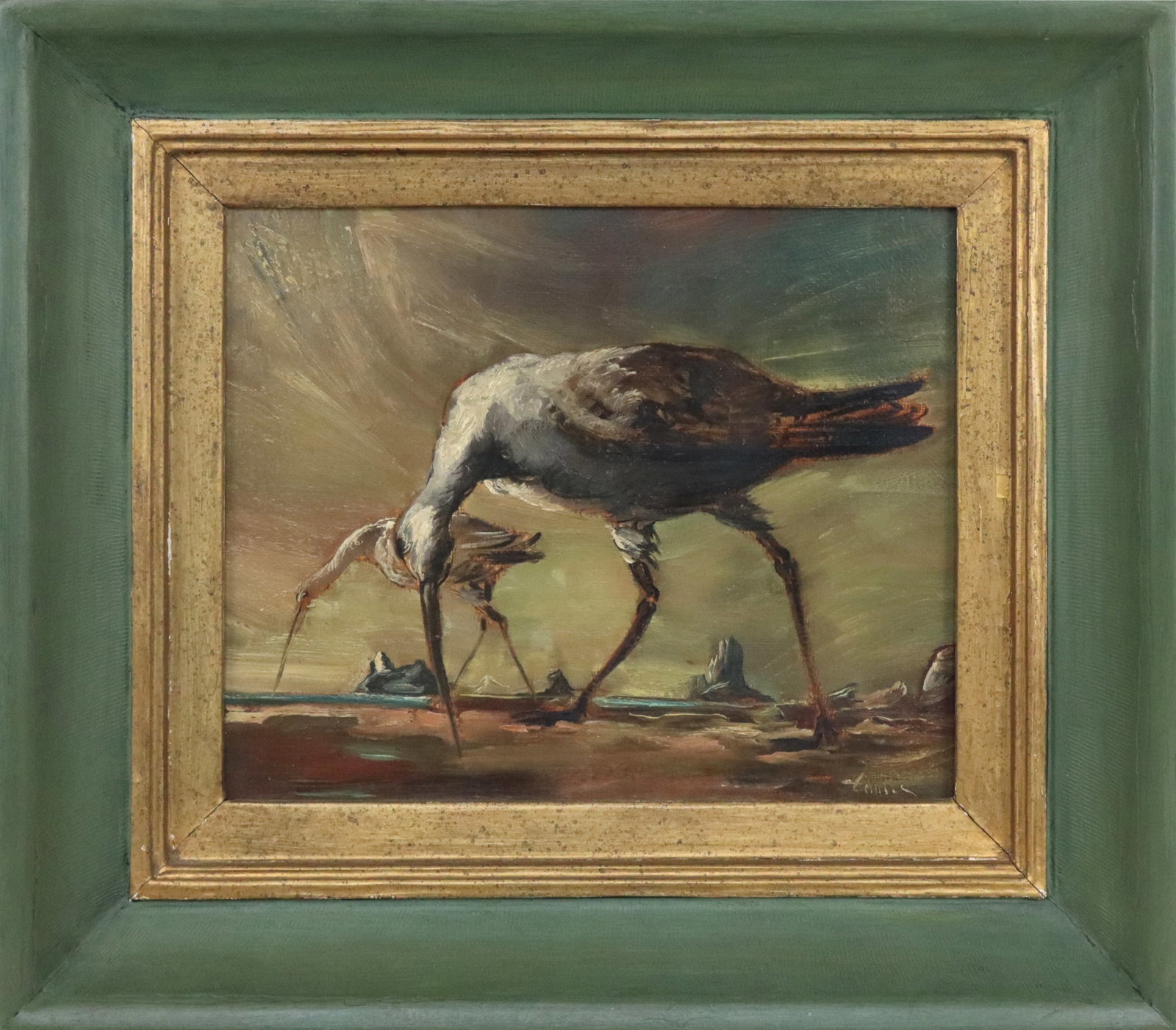 Joseph TANOUS Oil on Canvas with Herons: Joseph Tanous (American, b. 1925) oil on canvas with herons in a surrealistic manner with shoreline in distance. Signed lower right. [Sight 9" H x 11" W; frame 16" x 18"].Good condition.