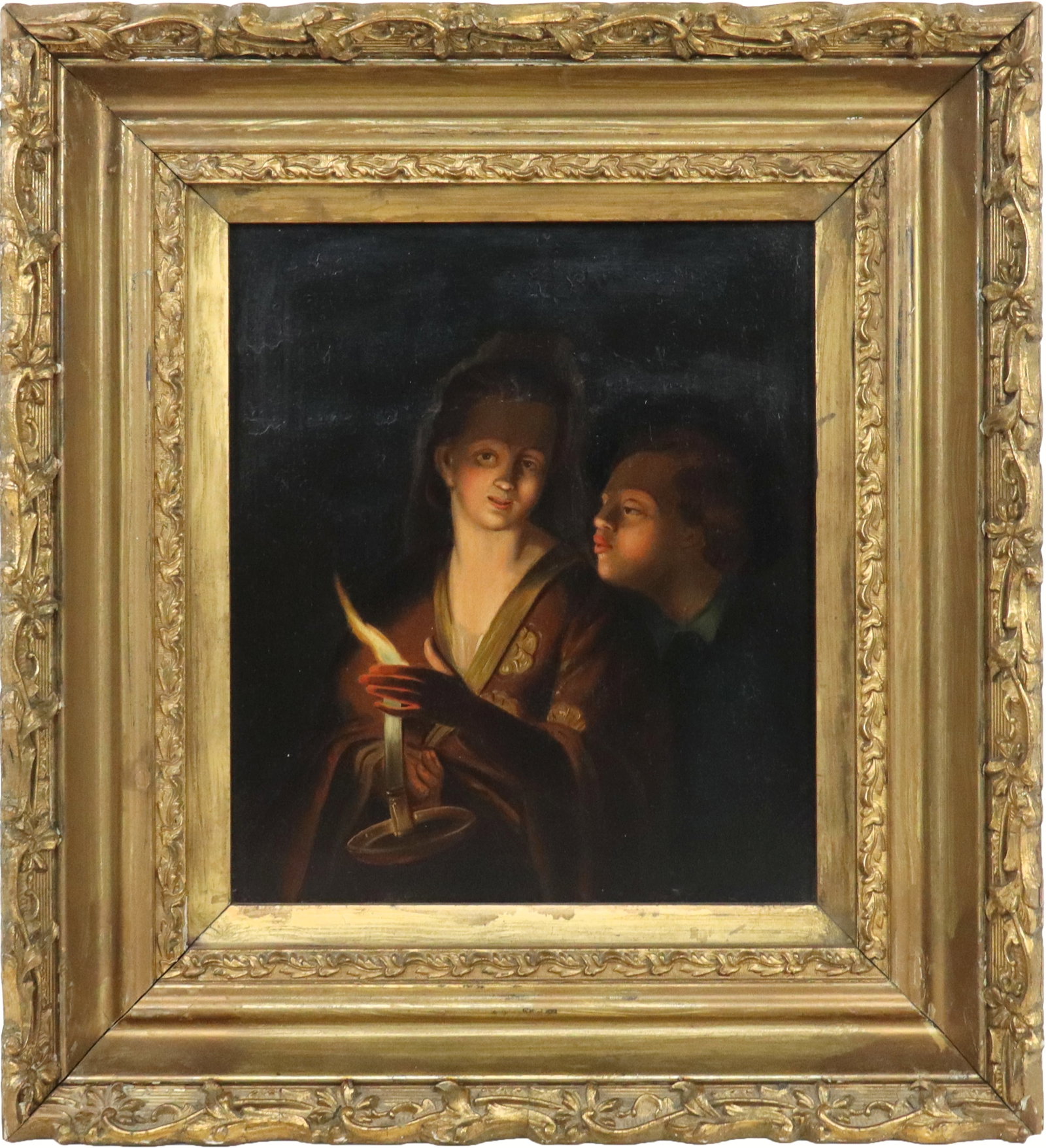 After Godfried van Schalken, Couple by Candle: After Godfried van Schalken, Unsigned oil on copper, couple by candlelight, 19th century English. [Sight 9" H x 8" W; frame 15" x 14"]. Fair condition, craquelure in upper half.